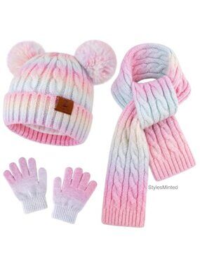 Toddler Kids Winter Hat Scarf Gloves Set 3-in-1 Knit Beanie Pom Pom 2-7 Years